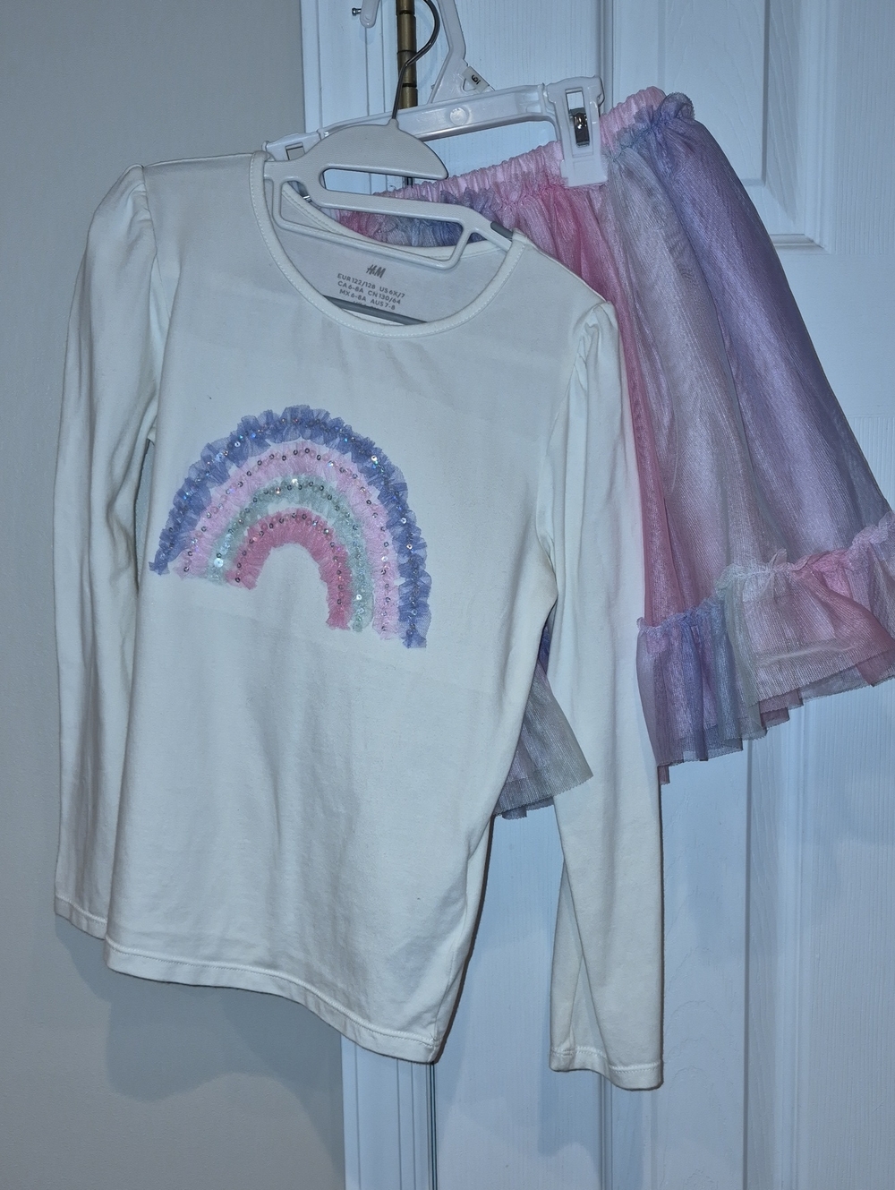 H&M Cream Long-Sleeve Top with Pastel Rainbow Sequin Appliqué